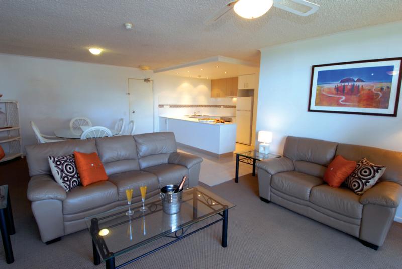 Lounge Dining Kitchen in a 2 Bedroom Apartment. with Fully equipped Kitchens.
 - Newport Mooloolaba